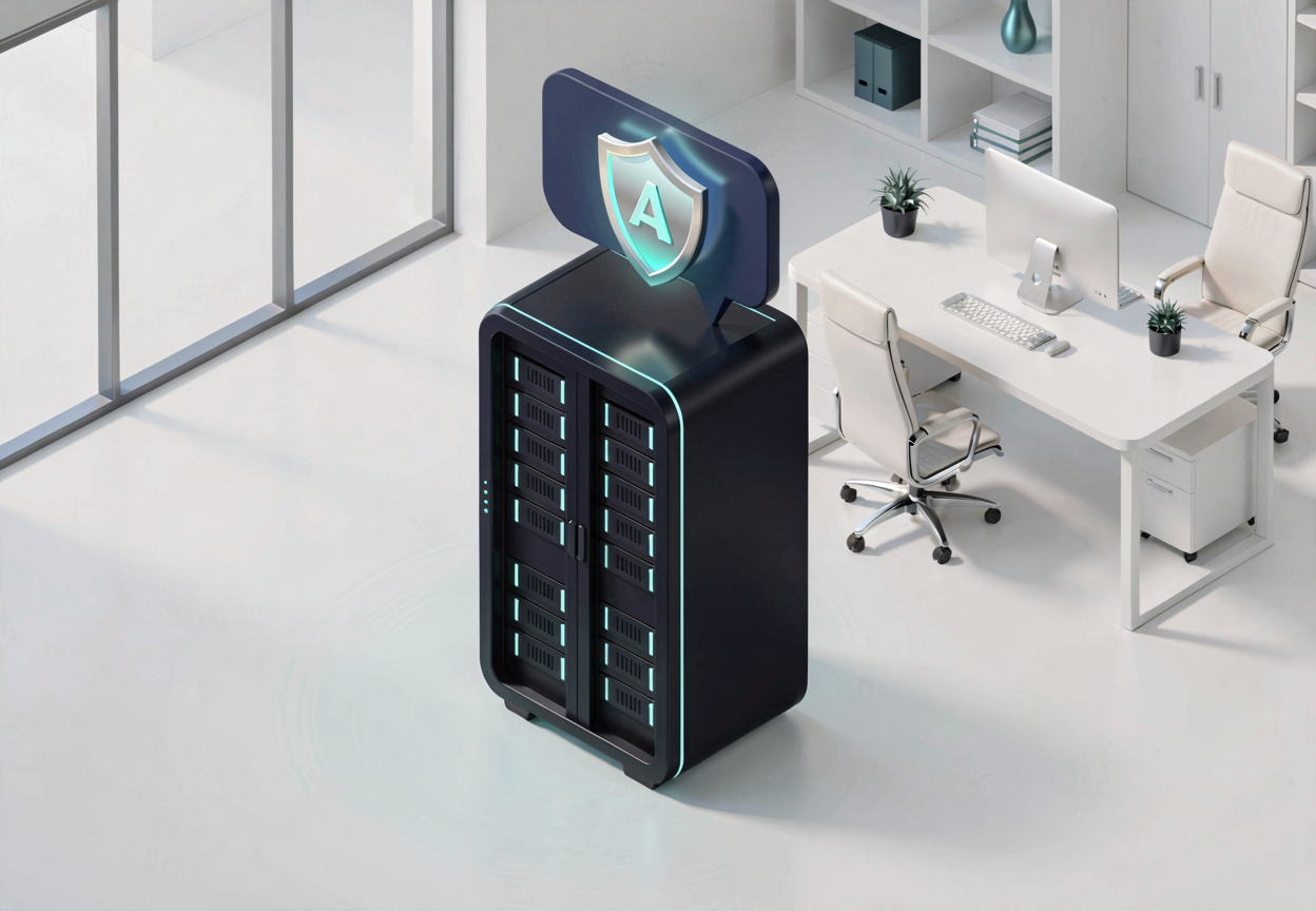 Ilustración isométrica de un servidor con un escudo de privacidad y una burbuja de diálogo, que representa la IA privada local